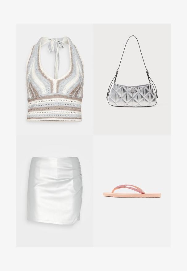 Hæklet halterneck-top med lyseblå, beige og hvide striber, dyb V-halsudskæring og knyttet ryg. Åben vævet tekstur hele vejen igennem.; Even&Odd by Zalando Shorts - silver; Lyserød flip-flop med en glitrende rem, tekstureret gummisål og enkelt fladt design. Der er detaljer som et skinnende forbindelsesstykke.; Metallic sølv skuldertaske med en quiltet design, glat overflade og justerbar sort strop. Har en lille logo detalje foran.