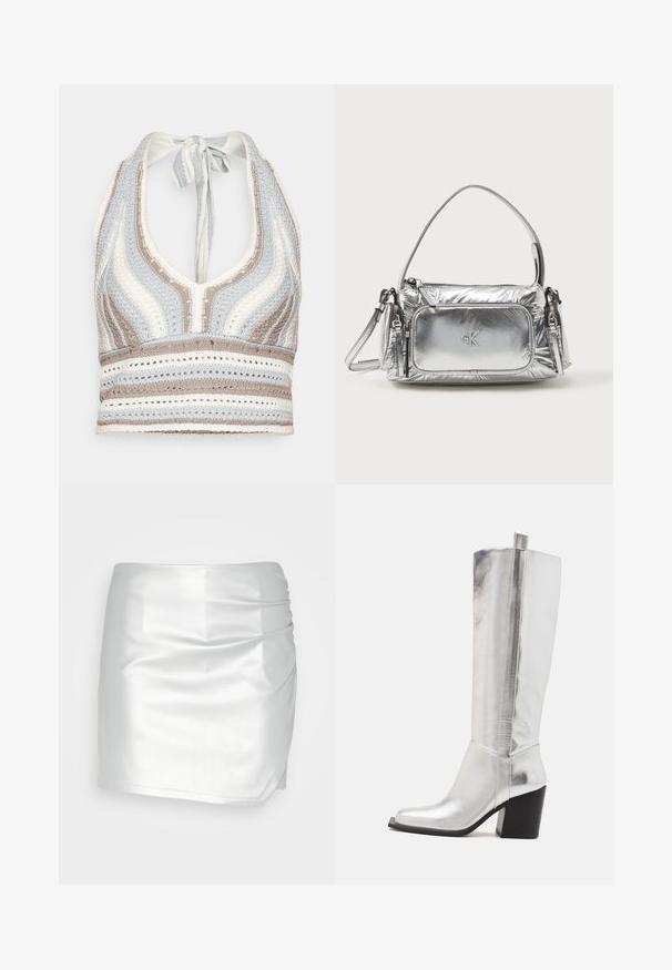 Hæklet halterneck-top med lyseblå, beige og hvide striber, dyb V-halsudskæring og knyttet ryg. Åben vævet tekstur hele vejen igennem.; Even&Odd Shorts - silver; Knæhøje sølvfarvede læderstøvler med firkantet tå, fremhævet af en skinnende metalfinish og en robust sort blokhæl.; Metallic sølv håndtaske med rektangulær form, toplynlås og frontlomme. Har en kort håndtag og justerbar rem. Struktureret overflade.