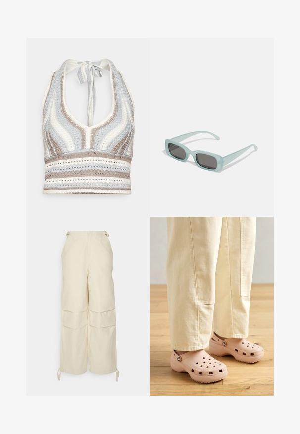 Hæklet halterneck-top med lyseblå, beige og hvide striber, dyb V-halsudskæring og knyttet ryg. Åben vævet tekstur hele vejen igennem.; WRSTBHVR ZERA PANTS EGGSHELL WOMEN - Bukser - off white; Lyserøde trædestøvler lavet af gummi, med ventilationshullerne, en kontureret form og en struktureret sål for greb. Bæres med lyse beige bukser.; Et par rektangulære solbriller med lyseblå gennemsigtige stel og mørkegrå linser, der har lige templer og minimale hardware detaljer.