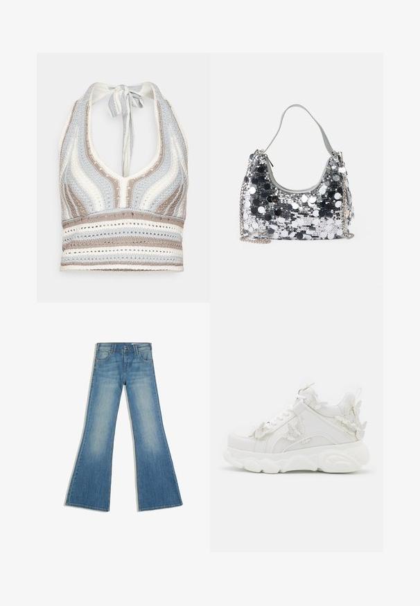 Haut halter en crochet avec des rayures bleu clair, beige et blanc, doté d'un décolleté en V profond et d'un lien dans le dos. Texture en torsion ouverte sur l'ensemble.; Jean en denim bleu avec une jambe évasée, des poches avant et une fermeture à boutons, présenté sur fond blanc.; Baskets blanches épaisses avec une semelle épaisse et des accents décoratifs de papillons en 3D sur le côté, les lacets et le talon.; Sac à main en sequins argentés de forme ronde, avec une poignée douce et une bandoulière en chaîne argentée. Il dispose d'une fermeture à glissière et de détails réfléchissants.