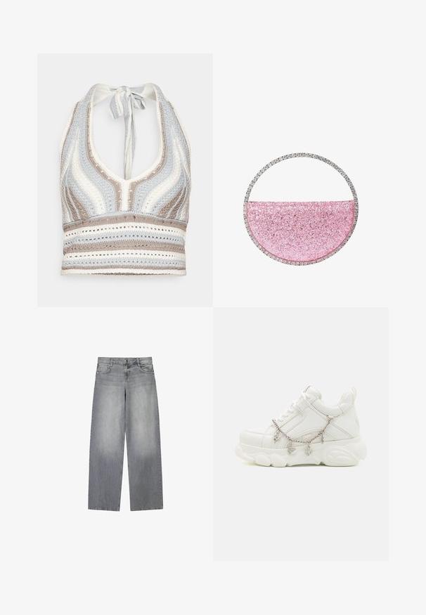 Haut halter en crochet avec des rayures bleu clair, beige et blanc, doté d'un décolleté en V profond et d'un lien dans le dos. Texture en torsion ouverte sur l'ensemble.; Jean en denim gris à jambes larges avec une finition légèrement décolorée, doté de cinq poches, d'une fermeture à bouton à l'avant et de passants de ceinture.; Baskets blanches avec une semelle épaisse, tige en cuir texturé et chaîne en métal décorative avec des breloques. Dispose d'un système de laçage et d'un col rembourré.; Sac à main en forme de demi-lune en paillettes roses avec une anse ornée de cristaux étincelants. Texture lisse avec une finition en paillettes uniforme.