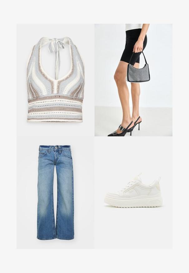 Hæklet halterneck-top med lyseblå, beige og hvide striber, dyb V-halsudskæring og knyttet ryg. Åben vævet tekstur hele vejen igennem.; Lys blå vidde jeans i denimstof, med en blegning, fem lommer og en knaplukning med bæltestropper.; Hvide lædersneakers med en kraftig sål, snørebåndsdesign og subtil branding. Har en glat overflade og rund tå.; Sort perlehandtaske med en buet silhuet, bærehåndtag og blank overflade. Båret med højhælede sorte sko og tætsiddende sorte shorts.