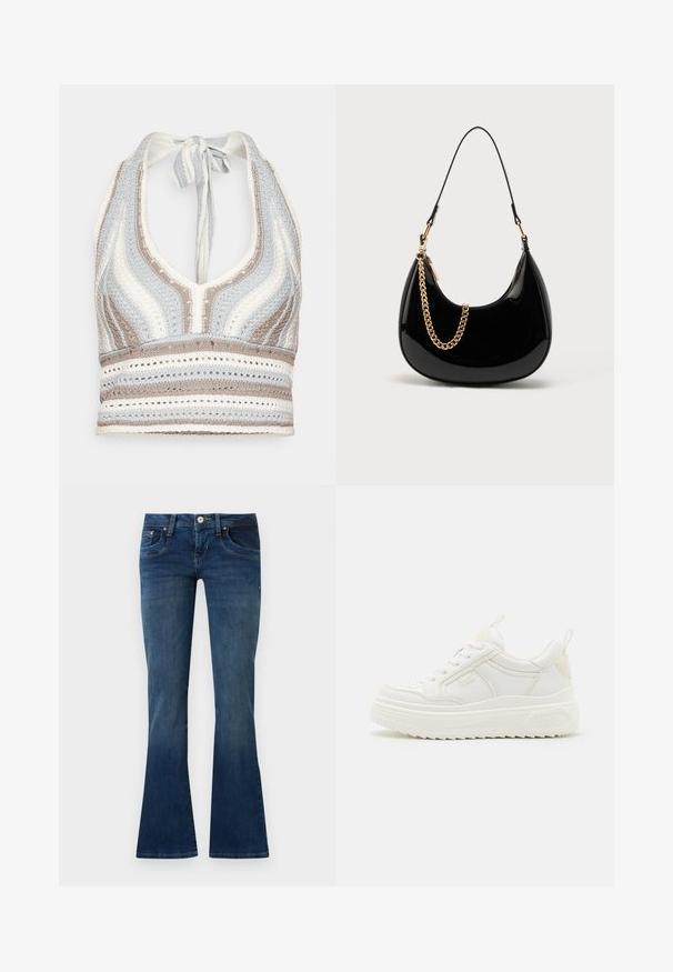 Haut halter en crochet avec des rayures bleu clair, beige et blanc, doté d'un décolleté en V profond et d'un lien dans le dos. Texture en torsion ouverte sur l'ensemble.; Jean bootcut en denim bleu avec poches avant et fermeture par bouton, présenté sur un fond gris clair uni.; Baskets en cuir blanc avec une semelle épaisse, design à lacets et branding subtil. Présentent une texture lisse et un bout arrondi.; Sac à main en cuir verni noir avec une forme courbée, une fine bandoulière et un accent chaîne dorée sur le devant. Texture lisse, design minimaliste.
