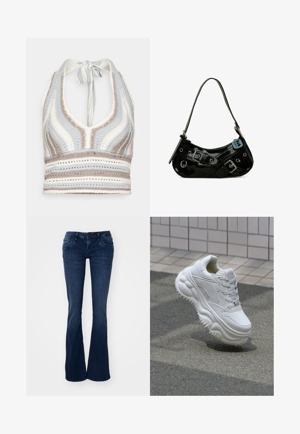Haut halter en crochet avec des rayures bleu clair, beige et blanc, doté d'un décolleté en V profond et d'un lien dans le dos. Texture en torsion ouverte sur l'ensemble.; Jean évasé bleu foncé en denim, avec des poches avant, une fermeture à bouton et une texture lisse.; Baskets blanches en cuir avec une semelle épaisse, des détails texturés et un système de laçage. Présente des accents moulés et une finition lisse.; Sac à main en cuir verni noir avec une forme incurvée, présentant des ferrures en argent, des boucles décoratives et une bandoulière courte. Étiquette bleue attachée.