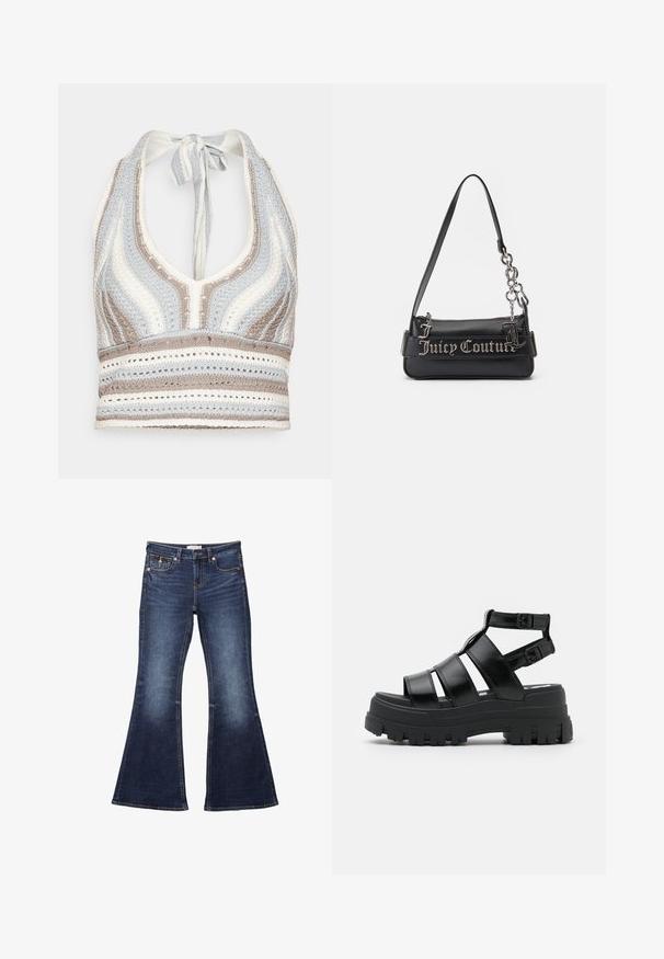 Haut halter en crochet avec des rayures bleu clair, beige et blanc, doté d'un décolleté en V profond et d'un lien dans le dos. Texture en torsion ouverte sur l'ensemble.; Jean flare bleu foncé avec une taille, un design à cinq poches, des accents de couture et une texture en denim lisse.; Sandales à plateforme noires avec plusieurs larges brides, une conception à bout fermé, deux brides de cheville ajustables et une semelle en caoutchouc texturée.; Sac à main noir en matériau synthétique texturé. Dispose d'une bandoulière en chaîne et d'un logo "Juicy Couture" en argent affiché en évidence sur le devant.