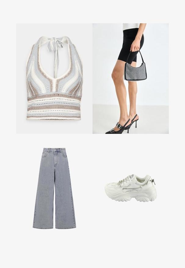 Hæklet halterneck-top med lyseblå, beige og hvide striber, dyb V-halsudskæring og knyttet ryg. Åben vævet tekstur hele vejen igennem.; Lysblå bredbenede jeans lavet af denim, med høj talje, fire lommer og en klassisk knaplukning med subtil slid.; Chunky hvide sneakers med en tekstureret overdel, iriserende sideaccenter, mesh-detaljer og en tyk gummisål. Snørebåndslukning med en lynlåsdetalje.; Sort perlehandtaske med en buet silhuet, bærehåndtag og blank overflade. Båret med højhælede sorte sko og tætsiddende sorte shorts.