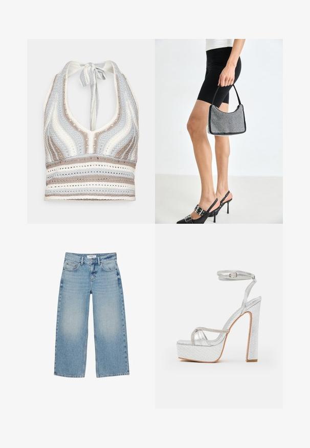 Haut halter en crochet avec des rayures bleu clair, beige et blanc, doté d'un décolleté en V profond et d'un lien dans le dos. Texture en torsion ouverte sur l'ensemble.; Jean large en denim bleu clair avec cinq poches, passants pour ceinture, et fermeture avant à bouton et fermeture éclair.; Sandales plateforme en argent avec un matériau texturé, une bride à la cheville et un accent en strass. Design à bout carré et talon bloc haut.; Sac à main à perles noires avec une silhouette courbée, une poignée de transport et une texture brillante. Porté avec des chaussures à talons hauts noires et un short noir ajusté.