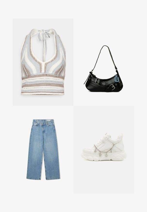 Haut halter en crochet avec des rayures bleu clair, beige et blanc, doté d'un décolleté en V profond et d'un lien dans le dos. Texture en torsion ouverte sur l'ensemble.; Jean en denim bleu clair à jambes larges avec fermeture à double bouton et poches avant, présenté à plat sur fond blanc.; Baskets blanches avec une semelle épaisse, tige en cuir texturé et chaîne en métal décorative avec des breloques. Dispose d'un système de laçage et d'un col rembourré.; Sac à main synthétique noir avec une forme courbée, une bandoulière réglable et des boucles décoratives en métal. Présente une texture lisse et brillante.