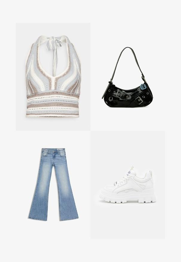 Crochet halter top yang menampilkan garis-garis biru muda, beige, dan putih dengan leher V dalam dan ikatan di belakang. Tekstur rajutan terbuka di seluruh bagian.; Vaaleansiniset farkut, joissa on korkea vyötärö, etutaskut ja levenevät leveät lahkeet, aseteltuna tasaisesti valkoiselle taustalle.; Valkoiset paksut lenkkarit, joissa on teksturoitu päällinen, pehmustettu kaulus ja paksu, uritettu pohja. Ominaisuuksiin kuuluvat kontrastiväriset mustat nauhat ja brändäysyksityiskohta.; Pieni must lakerinahkainen olkalaukku, jossa on kaksoissolkihihnat ja lyhyt kahva, jossa on "Mori"-merkkinen tunnus.