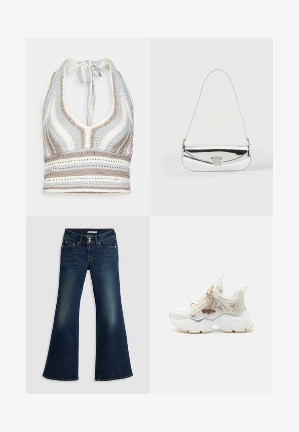 Haut halter en crochet avec des rayures bleu clair, beige et blanc, doté d'un décolleté en V profond et d'un lien dans le dos. Texture en torsion ouverte sur l'ensemble.; Jean flare super bas en denim bleu foncé avec poches avant et arrière, fermeture à double bouton et détails décolorés sur les cuisses et les genoux.; Baskets blanches épaisses avec détails imprimé léopard, semelle épaisse sculptée et breloque dorée "Buffalo" sur les lacets sur un fond clair uni.; Petit sac à épaule argenté avec une fine bandoulière et un rabat avant sécurisé par un fermoir métallique.