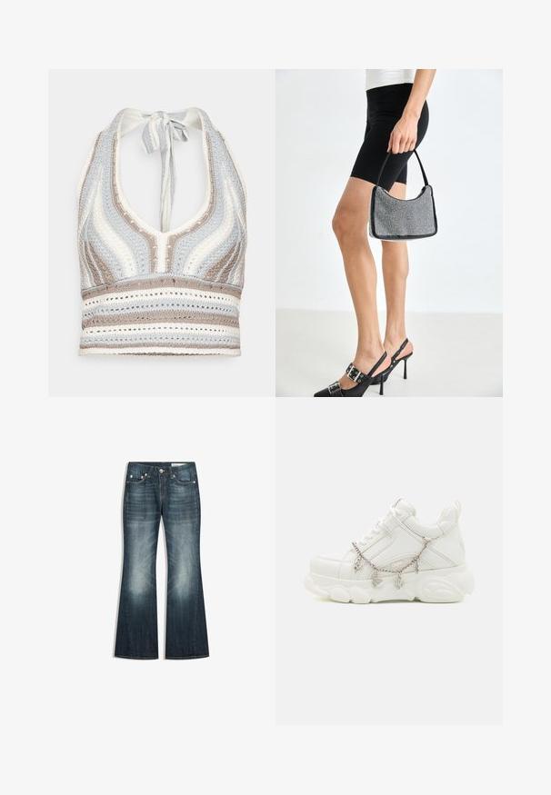 Hæklet halterneck-top med lyseblå, beige og hvide striber, dyb V-halsudskæring og knyttet ryg. Åben vævet tekstur hele vejen igennem.; Mørkeblå bootcut-jeans med falmede områder på lår og knæ, fem-lomme-design og metalknaplukning.; Hvide sneakers med en kraftig sål, tekstureret læderoverdel og dekorativ metal kæde med charms. Har snørebåndslukning og polstret krave.; Sort perlehandtaske med en buet silhuet, bærehåndtag og blank overflade. Båret med højhælede sorte sko og tætsiddende sorte shorts.