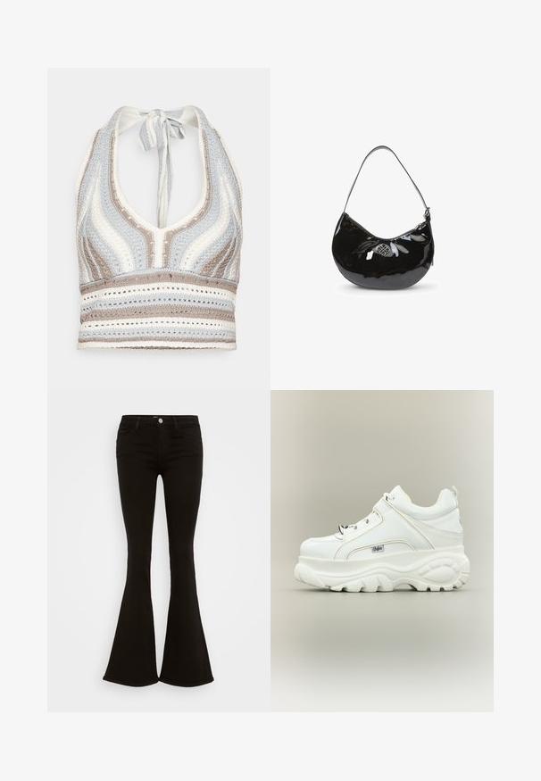 Hæklet halterneck-top med lyseblå, beige og hvide striber, dyb V-halsudskæring og knyttet ryg. Åben vævet tekstur hele vejen igennem.; Sorte højtaljede flare jeans med frontknap, bæltestropper og fem lommer, præsenteret på en hvid baggrund.; Hvid platformsneaker med tyk klodset sål, snørebånd foran og Buffalo-brandlogo på siden, vist fra ydersiden.; Sort patentlæder håndtaske med en buet form, enkelt skulderrem, lynlåslukning og et dekorativt metal logo. Glat tekstur.