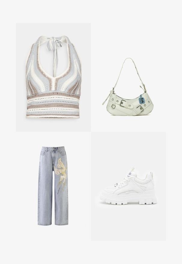 Hæklet halterneck-top med lyseblå, beige og hvide striber, dyb V-halsudskæring og knyttet ryg. Åben vævet tekstur hele vejen igennem.; Lysblå vidde jeans med et sommerfuglemotiv i guld- og elfenbensbroderi, prydet med dekorative syninger.; Hvide chunky sneakers med en tekstureret overdel, polstret krave og tyk, rillede sål. Har kontrastfarvede sorte snørebånd og brandingdetaljer.; Hvid syntetisk håndtaske med en buet silhuet, justerbar rem, dekorativ spænde, sølv hardware og et blåt mærke fastgjort.
