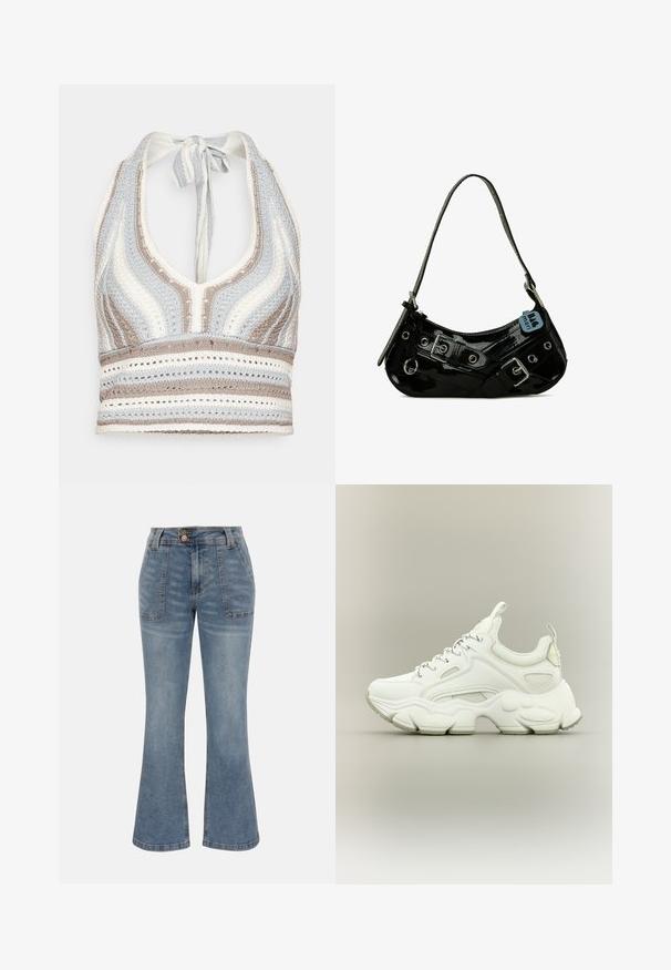 Haut halter en crochet avec des rayures bleu clair, beige et blanc, doté d'un décolleté en V profond et d'un lien dans le dos. Texture en torsion ouverte sur l'ensemble.; Jean en denim bleu à taille haute, poches plaquées à l'avant, fermeture par bouton et zip, et une silhouette de jambe légèrement évasée.; Baskets blanches épaisses avec semelle épaisse texturée, dessus en mesh et cuir, fermeture à lacets et languettes sur la languette et le talon.; Sac à main en cuir verni noir avec une forme incurvée, présentant des ferrures en argent, des boucles décoratives et une bandoulière courte. Étiquette bleue attachée.