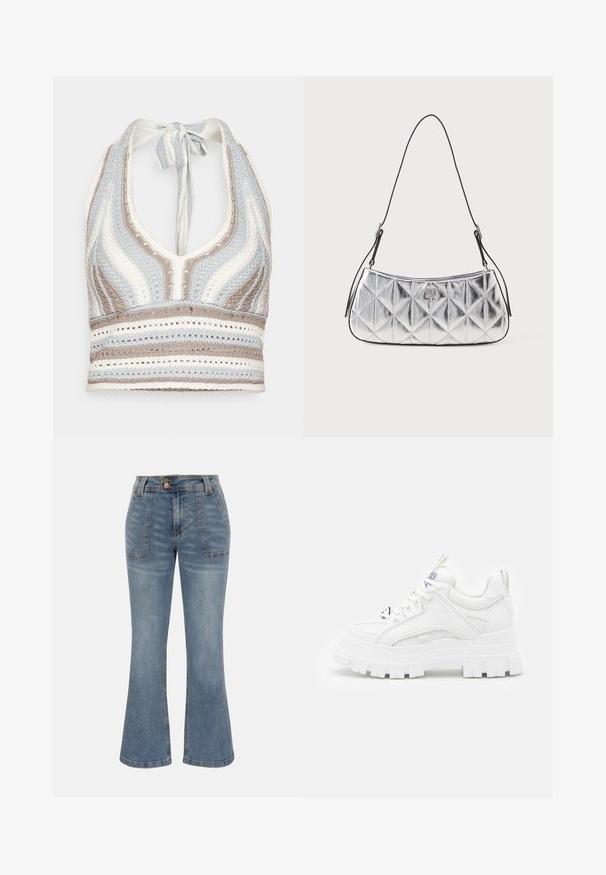 Haut halter en crochet avec des rayures bleu clair, beige et blanc, doté d'un décolleté en V profond et d'un lien dans le dos. Texture en torsion ouverte sur l'ensemble.; Jean en denim bleu à taille haute, poches plaquées à l'avant, fermeture par bouton et zip, et une silhouette de jambe légèrement évasée.; Baskets blanches chunky avec une tige texturée, un col rembourré et une semelle épaisse à stries. Présente des lacets noirs contrastants et un détail de marque.; Sac à épaule argent métallisé avec un design matelassé, texture lisse et bandoulière noire réglable. Présente un petit détail de logo à l'avant.
