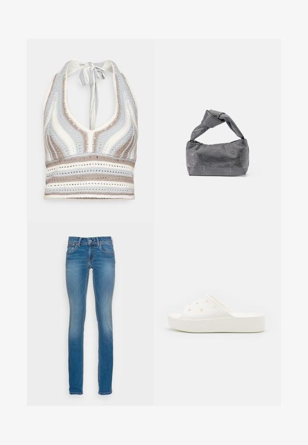 Crochet halter top yang menampilkan garis-garis biru muda, beige, dan putih dengan leher V dalam dan ikatan di belakang. Tekstur rajutan terbuka di seluruh bagian.; Vaaleansiniset farkut, joissa on kapea malli, viisi taskua ja kontrastivärinen oranssi ommel. Farkuissa on nappi- ja vetoketjusulku.; Valkoiset liukusandaalit, jotka on valmistettu kumimaisesta materiaalista, ja niissä on ilmanvaihtoaukkoja sekä paksu, tekstuurinen pohja pidon varmistamiseksi.; Mustapussinen ja hopeanvärinen käsilaukku, jossa on teksturoitu pinta, joka esittää timanttikuviota, solmittu kahva ja jämäkkä muoto.