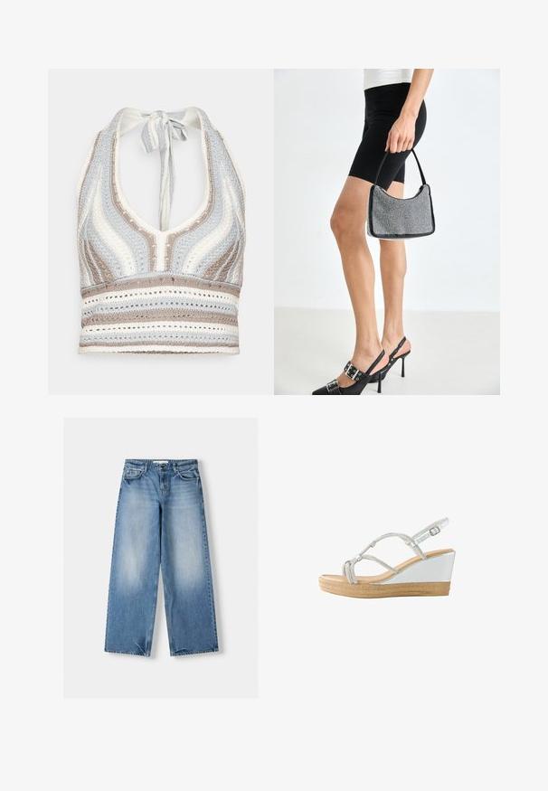 Crochet halter top yang menampilkan garis-garis biru muda, beige, dan putih dengan leher V dalam dan ikatan di belakang. Tekstur rajutan terbuka di seluruh bagian.; Vaaleansiniset farkut, joissa on rento istuvuus, leveät lahkeet ja haalistumia. Valmistettu denimistä, jossa on klassinen viiden taskun muotoilu ja ylänapitus.; Valkoinen kiilapohjasandaali, jossa on tan-värinen pohja, metallisen hopeanväriset nauhat ja säädettävä nilkkahihna, kuvattuna sivulta valkoisella taustalla.; Mustakoruista käsilaukkua, jossa on kaareva siluetti, kantokahva ja kiiltävä pinta. Yhdistettynä korkeakorkoisiin mustiin kenkiin ja napakoihin mustiin shortseihin.