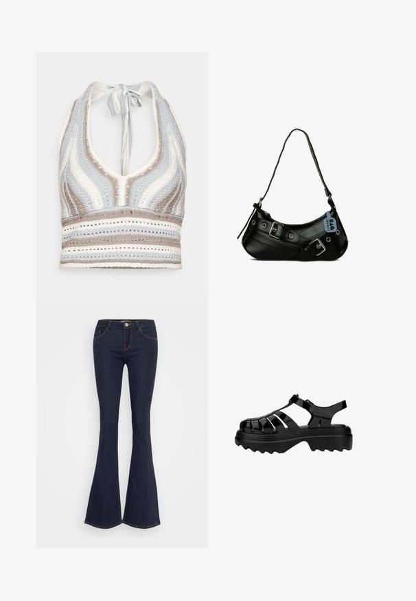 Hæklet halterneck-top med lyseblå, beige og hvide striber, dyb V-halsudskæring og knyttet ryg. Åben vævet tekstur hele vejen igennem.; Mørke denim flare jeans med en tætsiddende talje, der har en forsænket knaplukning, fem-lomme design og sømdetaljer langs benene.; Sorte gummisandaler med lukket tå-design, der har vandrette udskæringer og en tyk, struktureret sål for godt greb. Justerbar rem inkluderet.; Sort syntetisk håndtaske med en buet form, justerbar rem og dekorative metalspænder. Har en glat, blank tekstur.