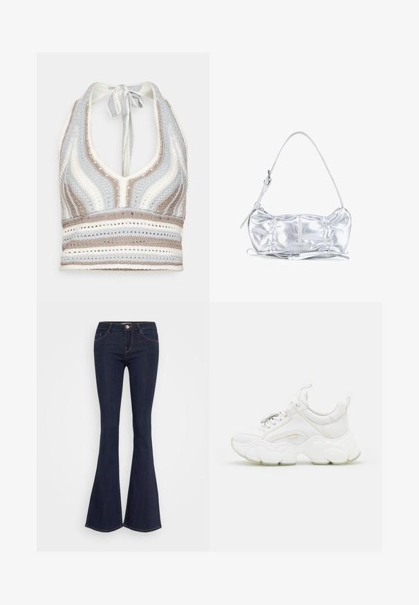 Haut halter en crochet avec des rayures bleu clair, beige et blanc, doté d'un décolleté en V profond et d'un lien dans le dos. Texture en torsion ouverte sur l'ensemble.; Jean flare en denim foncé avec une taille ajustée, dotée d'une fermeture à bouton sur le devant, d'un design à cinq poches et de coutures le long des jambes.; Baskets blanches chunky en cuir et mesh, dotées d'une semelle épaisse, d'un bout arrondi et de lacets décoratifs. Accents légèrement texturés.; Sac bandoulière métallique argenté avec un design froncé, une sangle réglable et des détails décoratifs en nœud sur fond blanc.
