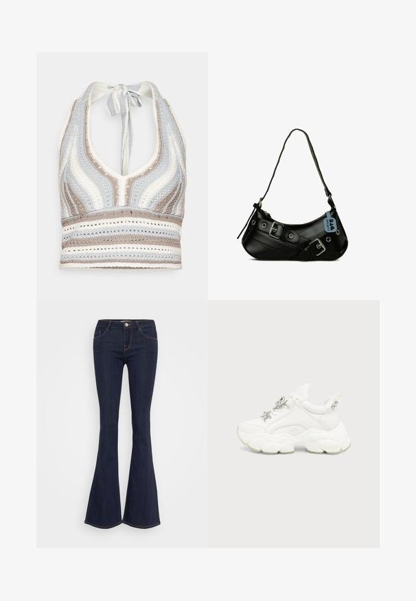 Hæklet halterneck-top med lyseblå, beige og hvide striber, dyb V-halsudskæring og knyttet ryg. Åben vævet tekstur hele vejen igennem.; Mørke denim flare jeans med en tætsiddende talje, der har en forsænket knaplukning, fem-lomme design og sømdetaljer langs benene.; Hvid chunky sneaker med tyk tekstureret sål, sølvstjerne og sommerfugledekorationer på hvide snørebånd og sølvnitter på hælremmen.; Sort syntetisk håndtaske med en buet form, justerbar rem og dekorative metalspænder. Har en glat, blank tekstur.