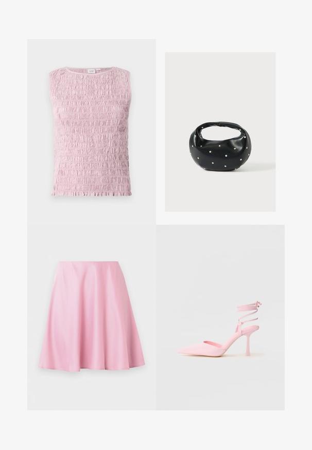 Top sin mangas de color rosa claro con textura de tela fruncida y escote redondo.; Falda línea A de largo hasta la rodilla en color rosa, con tela suave y ligeras arrugas, exhibida sobre un fondo blanco liso.; Zapatos de tacón alto rosas con punta afilada, acabado satinado y tira en el tobillo con detalles entrecruzados. Silueta elegante y tacón fino.; Bolso de mano de cuero negro con forma redondeada, decorado con detalles de tachuelas plateadas y un asa corta. Textura lisa y cierre con cremallera.