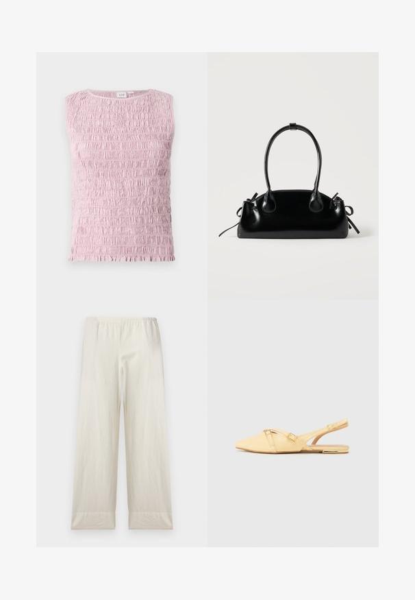 Haut sans manches rose clair avec texture de tissu froncé et fripé, au col rond.; Pantalon ample couleur crème avec taille élastique et larges revers, présenté sur un fond clair uni.; Ballerines jaunes en cuir avec un talon slingback et un bout pointu, présentant deux bretelles croisées et un petit accent métallique sur le talon.; Petit sac à main noir brillant avec deux longues anses et des détails à cordon sur les côtés sur un fond clair uni.
