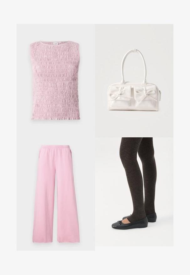 Top sin mangas de color rosa claro con textura de tela fruncida y escote redondo.; Pantalones de pierna ancha rosa, hechos de una tela suave, con una cintura elástica y bolsillos laterales. Presenta un corte recto y fluido.; Piernas con leggings oscuros acanalados combinados con bailarinas negras que presentan pequeños detalles de lazo sobre un fondo blanco.; Bolso sintético blanco con dos bolsillos delanteros, cada uno con un detalle de lazo atado. Textura suave, asas redondeadas y cierre de cremallera.