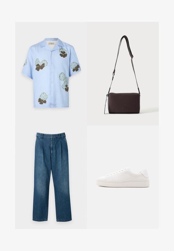 Kurzarmhemd aus hellblauem Stoff mit grünen und dunkelbraunen Blumenmustern. Klassischer Kragen mit Knöpfen an der Vorderseite.; Blaue Jeanshose mit geradem Bein, hoher Taille, vorderen Falten und klassischem Knopfverschluss. Glatte Textur.; Weißer Ledersneaker mit glattem Finish, rundem Zehenbereich, sechs Augen für die Schnürung und einer strukturierten Gummisohle. Minimalistisches Design ohne Muster.; Dunkelbraune, strukturierte Leder-Crossbody-Tasche mit verstellbarem Riemen und kleinem dekorativen blauen Akzent an der Seite.
