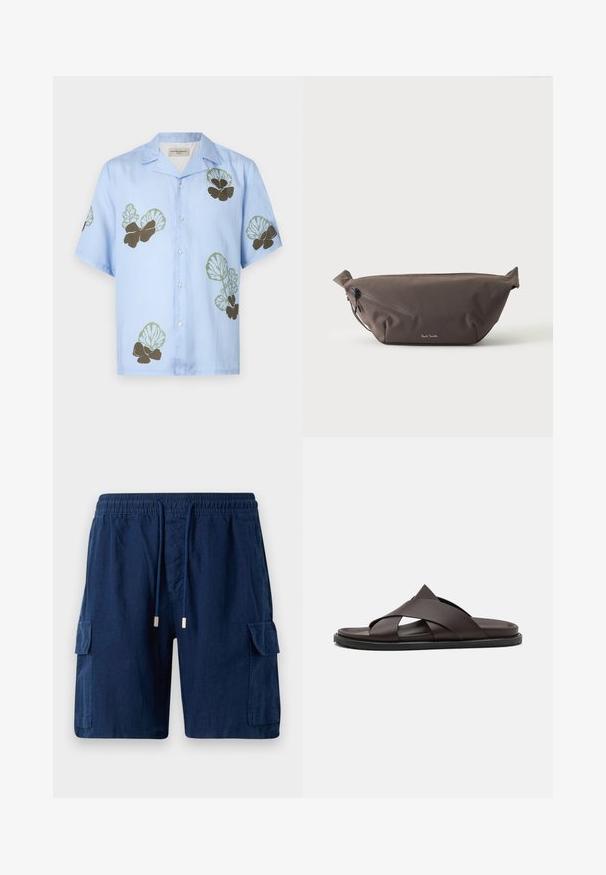 Camisa de manga corta en tela azul claro con patrones florales en verde y marrón oscuro. Cuello clásico con botones en la parte delantera.; Pantalones cortos cargo azul marino hechos de tela ligera, con una cinturilla elástica y cordón, dos bolsillos laterales y un bolsillo en la pierna.; Stuart Weitzman BERKLEY - Sandalias planas - espresso; Riñonera de tela marrón oscuro con bolsillo diagonal con cremallera y pequeño logo blanco en el frontal, sobre un fondo liso y claro.