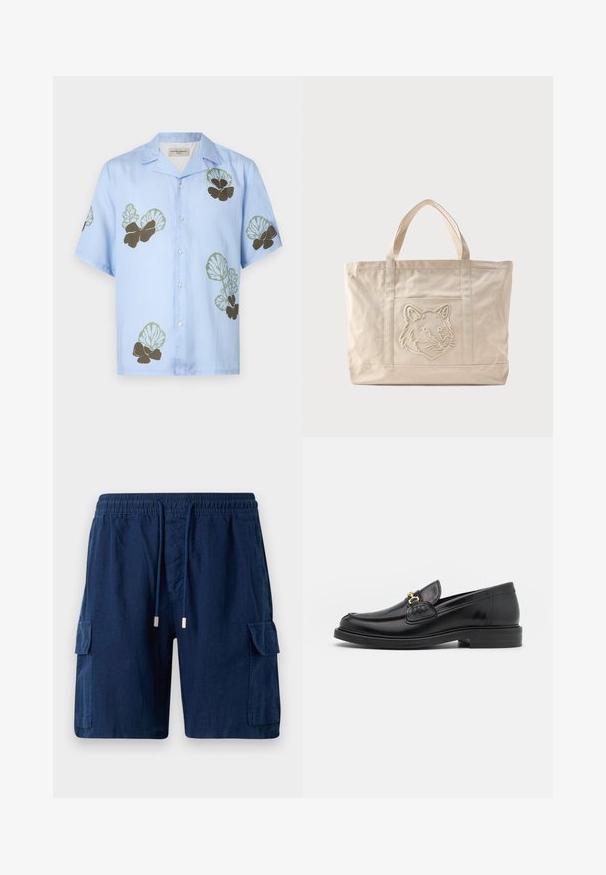 Kurzarmhemd aus hellblauem Stoff mit grünen und dunkelbraunen Blumenmustern. Klassischer Kragen mit Knöpfen an der Vorderseite.; Marineblaue Cargo-Shorts aus leichtem Material, mit einem elastischen Bund und Kordelzug, zwei Seitentaschen und einer Beintasche.; Schwarze Lederleter mit einer abgerundeten Zehenpartie, ausgestattet mit goldenen Hardwareakzenten und Stichdetails, auf einer niedrigen, strukturierten Gummisohle.; Beige Canvas-Tragetasche mit doppelten Griffen und einem geprägten Wolfskopfdesign auf der Fronttasche.