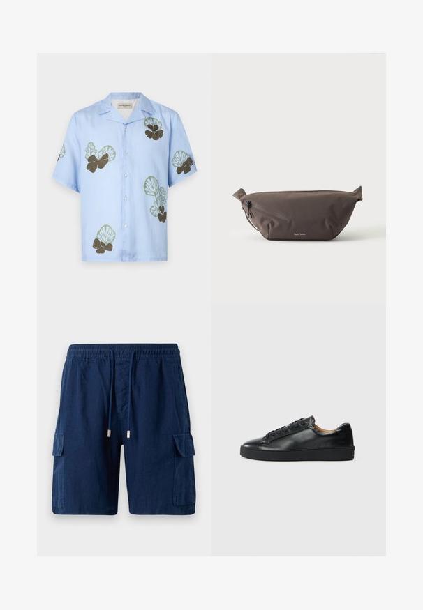 Camisa de manga corta en tela azul claro con patrones florales en verde y marrón oscuro. Cuello clásico con botones en la parte delantera.; Pantalones cortos cargo azul marino hechos de tela ligera, con una cinturilla elástica y cordón, dos bolsillos laterales y un bolsillo en la pierna.; Zapatilla negra de cuero con una textura suave, puntera redonda y cierre de cordones. Presenta una suela de goma gruesa y un detalle de marca mínimo.; Riñonera de tela marrón oscuro con bolsillo diagonal con cremallera y pequeño logo blanco en el frontal, sobre un fondo liso y claro.