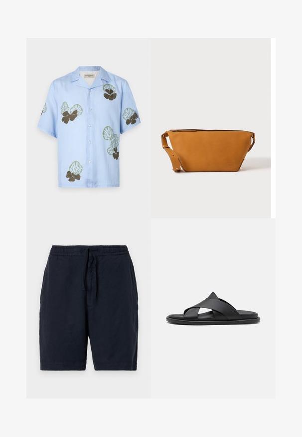Kortærmet skjorte i lyseblåt stof med grønne og mørkebrune blomster mønstre. Klassisk krave med knapper ned foran.; Marineblå linned-shorts med elastisk talje og snøre, med en afslappet pasform og en let tekstureret overflade.; Stuart Weitzman BERKLEY - Slip-on sandaler - black; Lys brun læder crossbody taske med justerbar rem og lynlås, vist mod en ensartet lys baggrund.