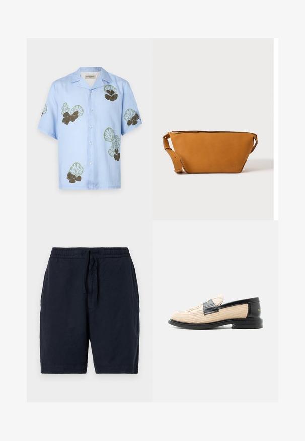 Chemise à manches courtes en tissu bleu clair avec des motifs floraux verts et marron foncé. Col classique avec boutons sur le devant.; Shorts en lin navy avec une taille élastique et un cordon de serrage, offrant une coupe décontractée et une surface légèrement texturée.; Mocassin tissé beige avec bordure en cuir noir, bout arrondi, semelle noire et motif décoratif cousu sur la partie supérieure.; Sac bandoulière en cuir marron clair avec sangle réglable et fermeture éclair, présenté sur un fond clair uni.