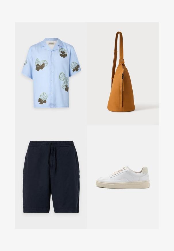 Camisa de manga corta en tela azul claro con patrones florales en verde y marrón oscuro. Cuello clásico con botones en la parte delantera.; Pantalones cortos de lino azul marino con cintura elástica y cordón, que presentan un ajuste relajado y una superficie ligeramente texturizada.; Zapatilla blanca con parte superior de cuero suave, cordones beige y un tirador de talón de ante beige texturizado. Suela elevada para mayor altura.; Bolso bandolera de piel color canela con correa ajustable y bolsillo vertical con cremallera, mostrado de lado sobre un fondo claro y liso.