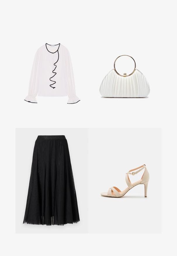 Langærmet bluse i lyserød stof, med en volangsort kant langs fronten og manchetterne med elastiske detaljer.; Sort maxi-skirt med et struktureret, flydende design. Har en bred, glitrende talje og et lagdelt, gennemsigtigt stof for en yndefuld fremtoning.; Beige ruskinds høje hæle sandaler med åben tå, krydset stropdesign og ankelrem med en guldfarvet spænde.; Hvid plisseret håndtaske med et cirkulært guldhåndtag, der har blødt stof og en rund form. Elegant design med en tekstureret overflade.
