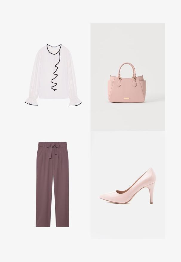 Blouse à manches longues en tissu rose clair, avec un volant noir le long de l'avant et des poignets avec des détails élastiques.; Pantalons larges de couleur prune avec une taille ceinturée, un devant plissé et une texture lisse. Comprend des poches latérales et un design ajusté.; Chaussure à talon haut en cuir verni rose, à bout pointu et talon fin. Texture lisse avec une finition brillante. Aucun accent ou motif visible.; Sac à main structuré rose clair avec deux poignées supérieures, poches latérales, et une petite plaque de marque dorée à l'avant.
