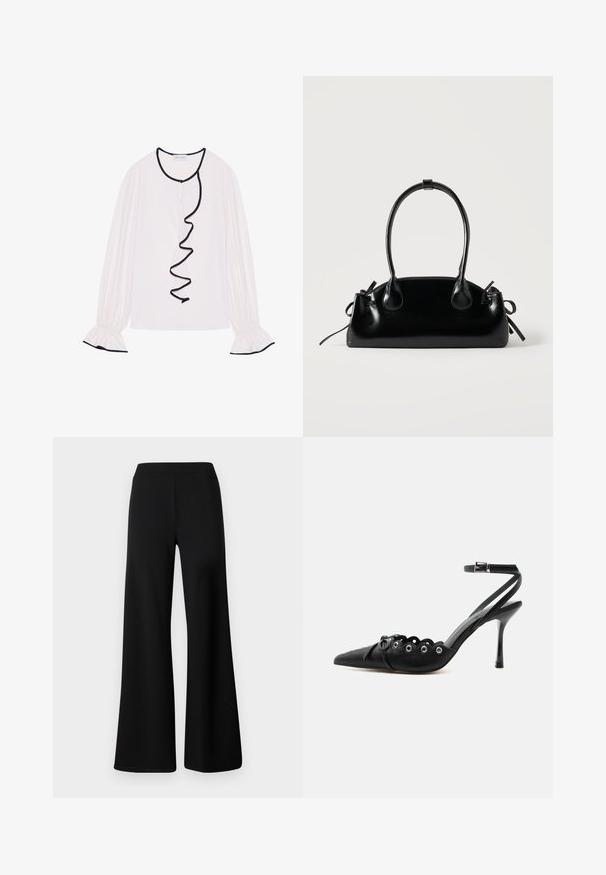 Blouse à manches longues en tissu rose clair, avec un volant noir le long de l'avant et des poignets avec des détails élastiques.; Pantalons larges noirs en tissu doux et extensible. Dotés d'une taille élastique lisse et d'un design épuré, sans embellissement.; Chaussure à talon haut noire à bout pointu, bords festonnés, œillets métalliques, lacets à l'avant et bride de cheville avec fermeture à boucle.; Petit sac à main noir brillant avec deux longues anses et des détails à cordon sur les côtés sur un fond clair uni.
