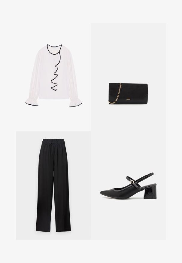 Blusa de manga larga en tejido rosa claro, con un ribete negro con volantes a lo largo del frente y los puños, con detalles elásticos.; Pantalones de pierna ancha negros con una cinturilla elástica y cordón. Fabricados con un tejido suave sin patrones visibles ni elementos de metal.; Tacones slingback de charol negro con punta afilada, un diseño de corte redondeado y tacón bloque. Incluye un detalle de hebilla en tono dorado.; Bolso de mano negro hecho de ante con un acabado texturizado, que presenta una cadena dorada y un diseño elegante y angular.