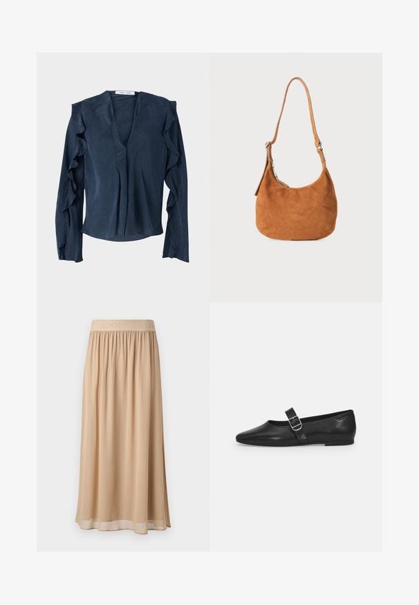 Marineblauwe blouse van lichtgewicht stof met een diepe V-hals, lange mouwen met gerimpelde accenten en een losse pasvorm aan de onderkant.; Beige midi-rok met een brede elastische tailleband waarop de merknaam staat. Zacht, vloeiend materiaal met een gladde textuur en een eenvoudig ontwerp.; Zwarte leren platte schoen met een ronde neus, een enkele verstelbare gespsluiting en een gladde, glanzende textuur. Minimalistisch ontwerp met een lage hak.; Tan suède schoudertas met een gebogen ontwerp, verstelbare schouderriem, metalen rits en een geperst logo op de voorkant.