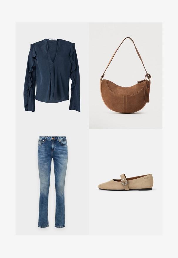 Marineblaue Bluse aus leichtem Stoff mit tiefem V-Ausschnitt, langen Ärmeln mit Rüschendetails und lockerer Passform am Saum.; Helle blaue Denim-Jeans mit geradem Bein, ausgestattet mit einem Frontknopfverschluss, fünf Taschen und dezenten Ausbleichungen.; Beige Wildleder Mary Jane Ballerinas mit spitzer Zehe und einem verstellbaren Riemen mit einer silbernen Schnalle. Schwarze flache Sohle.; Braune Wildleder-Handtasche mit geschwungener, halbmondförmiger Form. Verfügt über einen Schulterriemen, ein kleines Etikett und sichtbare Nähte entlang der Kanten.