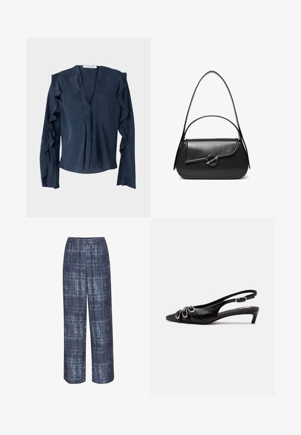 Chemisier bleu marine en tissu léger avec un décolleté en V profond, des manches longues avec des accents volantés et une coupe ample au niveau de l'ourlet.; Gestuz DEMIA PANTS - Pantalon classique - dark blue; Chaussure slingback en cuir noir avec bout pointu, trois boucles argentées à l'avant et petit talon kitten sur fond blanc.; Sac à bandoulière en cuir noir avec un rabat incurvé fermé par un fermoir métallique rond et une sangle fine et ajustable.