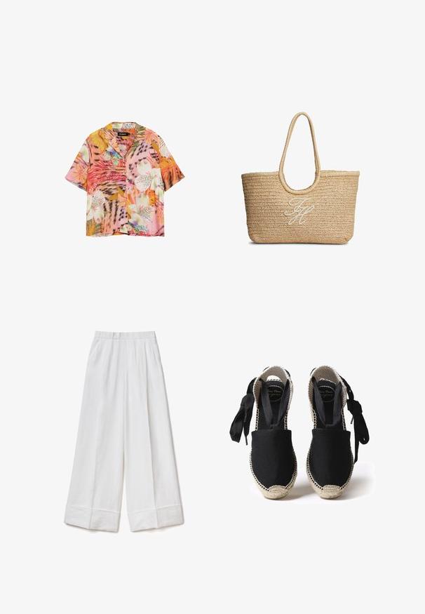 Camisa de manga corta con botones y patrones vibrantes de flores y hojas tropicales en tonos rosa, naranja, blanco y verde.; Pantalones de lino blancos de pierna ancha con cintura alta, bolsillos laterales y dobladillos acampanados, dispuestos sobre un fondo blanco.; Espadrilles de lona negra con suela de yute y bordes trenzados. Cintas del mismo tejido negro para un ajuste ajustable. Diseño de puntera cerrada.; Bolso tote de paja beige tejido con asas redondeadas y iniciales en cursiva bordadas en blanco en el centro delantero.