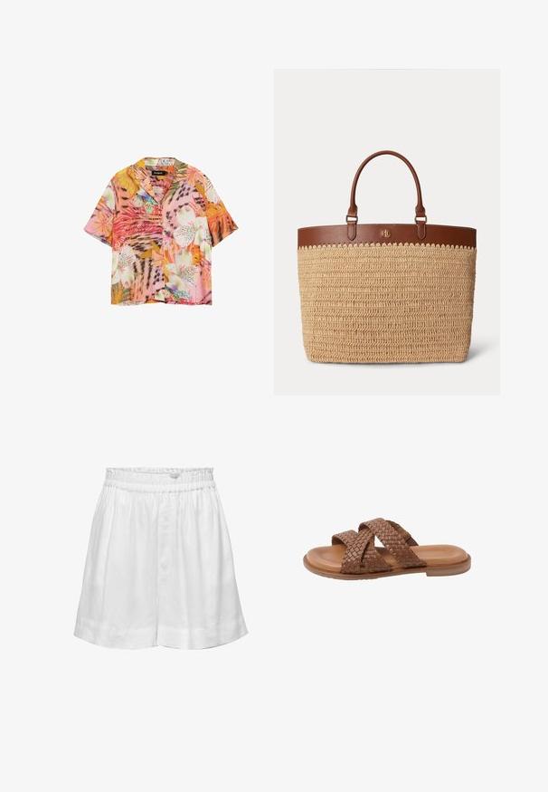 Kortærmet skjorte med knapper, prydet med livlige tropiske blomster- og bladmønstre i toner af pink, orange, hvid og grøn.; Hvide linnedshorts med elastisk talje og afslappet pasform. Har en glat tekstur og opsmøgte kanter for ekstra detaljer.; Brun læder slide-sandal med to brede vævede remme, der krydser over foden, og en flad sål, isoleret på hvid baggrund.; Stor vævet beige taske med brune læderkanter og hanke, med guld RL-logo foran.
