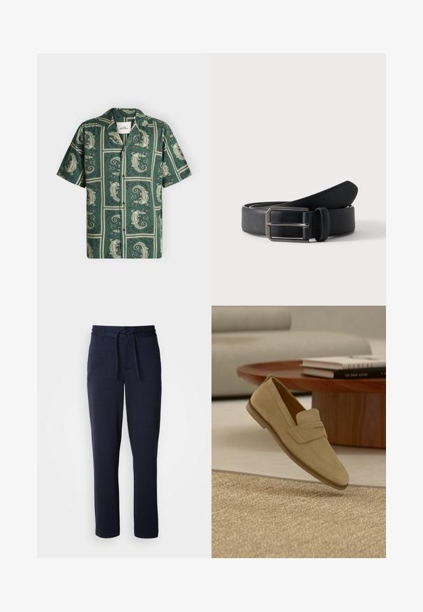 Camisa verde de manga corta con botones y un patrón repetitivo de ilustración de cocodrilo enmarcado por bordes cuadrados y texto "LES DEUX".; Joggers azul marino hechos de una tela suave, con una cinturilla elástica y cordón, forma de pierna ajustada y sin patrones ni bolsillos visibles.; Zapato mocasín de ante beige flotando sobre una alfombra beige tejida, con una mesa de café redonda de madera y libros apilados en el fondo.; Cinturón de cuero negro enrollado con hebilla rectangular de metal plateado sobre un fondo claro y sencillo.