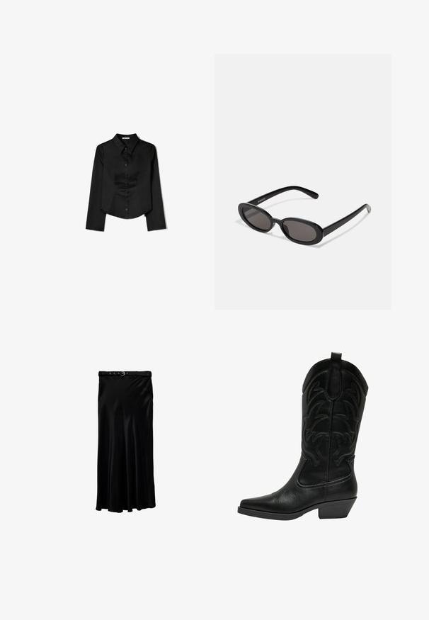 Sort langærmet skjorte lavet af glat stof, med en spidse krave, frontlukning med knapper og en cropped kant med sidelæg.; Sort satin midinederdel med slim pasform og et tyndt bælte med sølvfarvede øjer og en lille rund spænde i taljen.; Sort læder cowboy støvle med spids tå, stablet hæl og dekorativ syning på skaftet. Glat overflade med mat finish.; Even&Odd Solbriller - black
