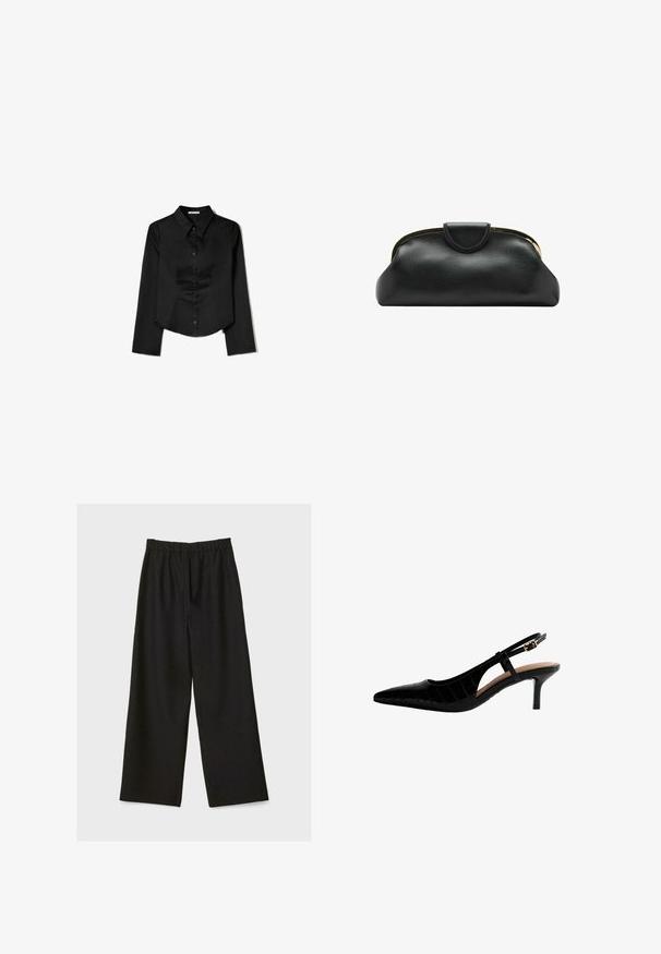 Zwarte langetermijnshirt gemaakt van soepele stof, met een puntige kraag, sluiting met knopen aan de voorkant en een cropped zoom met zijsplitten.; Zwarte wide-leg broek met elastische tailleband, plat weergegeven op een lichte achtergrond.; Zwarte slingback hoge hak schoen met een spitse neus, krokodillenstructuur, dunne hak en een gespsluiting aan de zijkant.; Zwarte leren clutch met gouden metalen frame en drukknoopsluiting op een witte achtergrond.