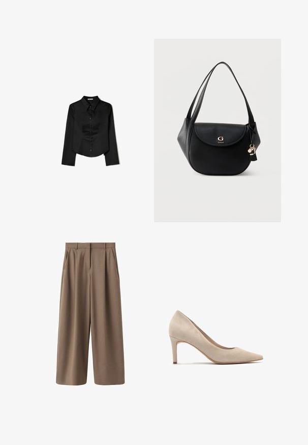 Sort langærmet skjorte lavet af glat stof, med en spidse krave, frontlukning med knapper og en cropped kant med sidelæg.; Brune, vide bukser med en glat tekstur, frontfolder og høj talje. Har et skræddersyet design og sidelommer.; Beige ruskind højhælede sko med spids tå og en 7 cm hæl. Glat tekstur, minimalistisk design og en strømlinet silhuet.; Sort læder skuldertaske med buet klap, gyldent "G GUESS" logo, dobbelte stropper og hængende nøglering vedhæng på ensfarvet baggrund.