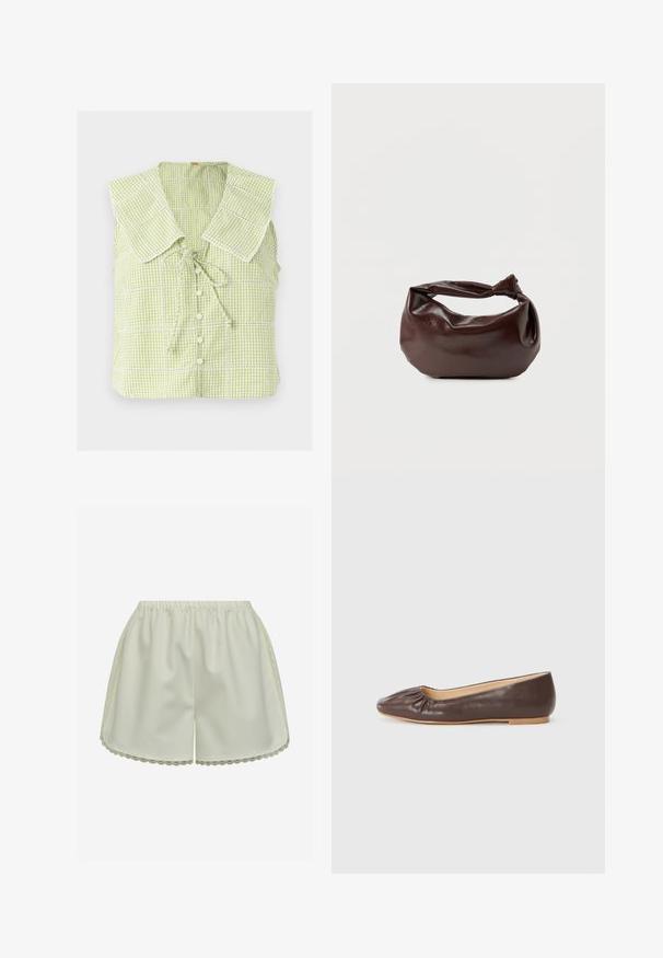 Ermeløs lysegrøn gingham-bluse med stor firkantet krave, knapper foran og bundet sløjfe ved halsudskæringen.; Kremfarvede satin-shorts med elastisk talje og bølget blonder langs siderne og kanten.; Brune læder balletflade med en afrundet tå, rynket detaljer foran, og en flad, lysfarvet sål.; Mørkebrun læder skuldertaske med en blød, afslappet form og et snoet knudehåndtag på en ensartet hvid baggrund.