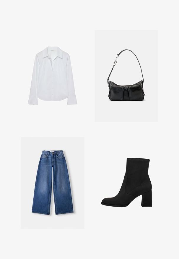 Hvid skjorte med lange ærmer, klassisk krave, knaplukning foran og let udvidede manchetter, lavet af glat stof med en diskret glans.; Bredbenet blå denimjeans med forlommer, bæltestropper og knaplukning, lagt fladt på en lys baggrund.; Sorte ankelstøvler med blokhæl, lavet af blødt suede. Har en rund tå og glatte sidestykker med syningsdetaljer.; Sort skuldertaske i læder med justerbar rem og to store forlommer med lynlås på en ensartet lys baggrund.