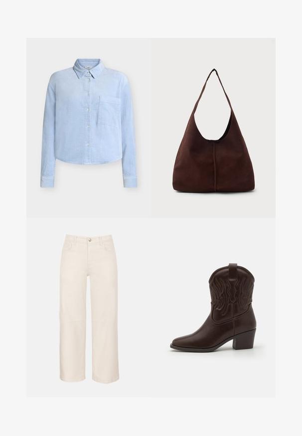 Hellblaues Cordhemd mit klassischem Kragen, langen Ärmeln, einer Brusttasche und Knopfleiste. Verfügt über ein strukturiertes, geripptes Muster.; Hoch taillierte, weit geschnittene, verkürzte Hose in Offwhite mit Knopf vorne, Reißverschluss, Gürtelschlaufen und Taschen vorne und hinten.; Braune Leder-Cowboy-Stiefel mit spitzen Zehen, geprägten Flügelmotiven, einem mittelhohen Blockabsatz und einer Zuglasche auf der Rückseite.; Braune Wildleder-Hobo-Tasche mit einer großen, geschwungenen Öffnung und einem breiten Schulterriemen. Sie verfügt über eine mittige Naht auf der Vorderseite. Glatte Textur.